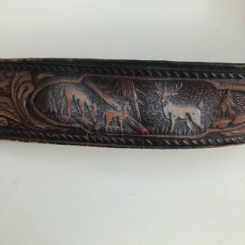 Brown Tooled Leather Belt with Camouflage Deer Buckle